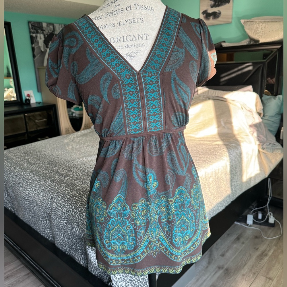 Apt. 9 Women's Size M Top Teal Green Brown Paisley V-neck Ties At Waist